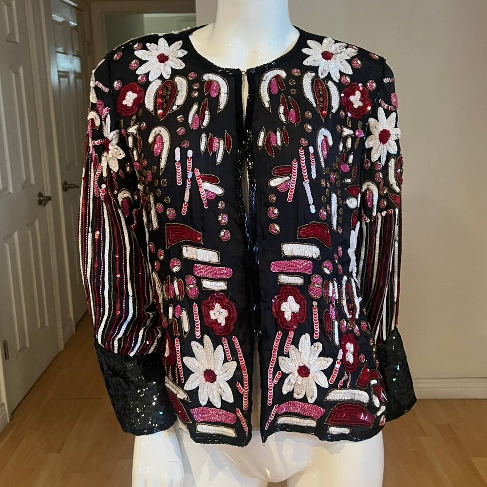 VINTAGE 80'S AUGUSTUS IMPRESSIONS FLORAL SEQUIN SILK BLOUSE JACKET SZ M MEDIUM